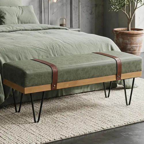 Miniatura 10 de DUOMAY Banco otomano rectangular de lino moderno industrial con correa de poliuretano y patas de metal, mesa de comedor de mediados de siglo, Beige