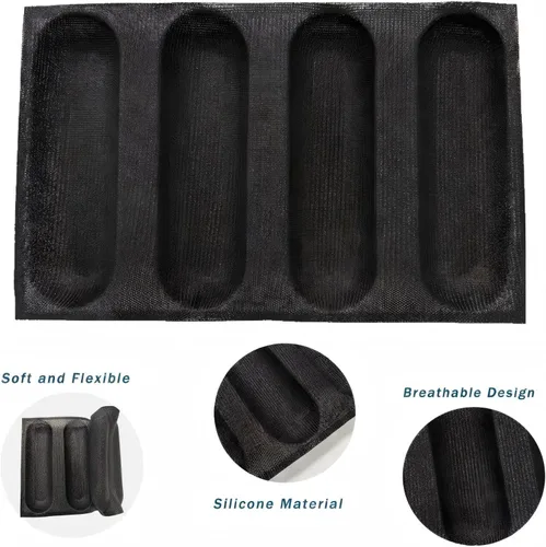 Miniatura 3 de Dioycli Molde de pan de silicona para hornear pan grande de baguette sartén perforada para bollos de perritos calientes, 4 panes, alfombrilla
