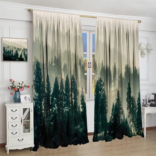 Miniatura 3 de Cortina de bosque neblinoso, bosque verde brumoso, paisaje natural, pino, alerce, niebla, montaña, oscurecimiento de habitación, puerta, ventana