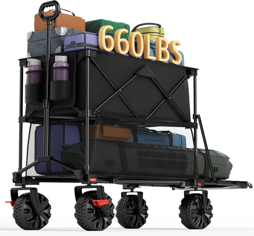 Portal - Carro plegable grande de doble cubierta con frenos, carro de utilidad plegable resistente de 660 lb, ruedas grandes todo terreno de 400 L y