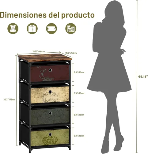 Miniatura 3 de VASICAR - Unidad de Almacenamiento con 4 Cajones, Mesita de Noche de Tela, Organizador de Ropa, Cofre de Almacenamiento para Manualidades, Cómoda