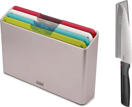 Joseph Joseph Folio Icon - Juego de tablas de cortar codificadas en varios colores con cuchillo japonés de acero inoxidable, funda delgada para