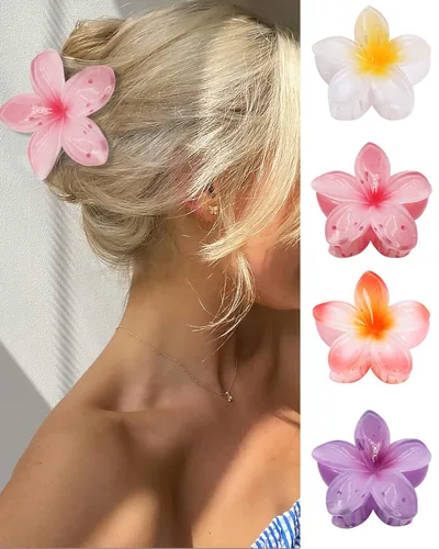 GQLV Pinzas de garra para el cabello con flores - 4 piezas para cabello grueso, fuerte agarre antideslizante, hawaianas, pinzas grandes y bonitas