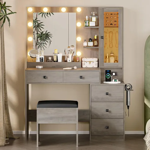 Miniatura 11 de Escritorio de tocador con espejo y luces, tocador de maquillaje negro con 5 cajones, organizador de joyas oculto y gabinete de cristal LED, 3 modos