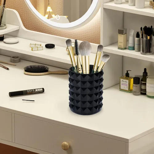 Miniatura 2 de Organizador para brochas de maquillaje acrílico, soporte para lápiz negro, solución de almacenamiento para brochas de cosméticos de cristal, redondo