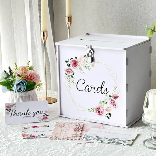 OurWarm Caja de tarjetas de boda blanca de PVC con cerradura, caja de tarjeta de regalo para recepción de boda, caja de sobres de dinero de boda