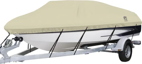 Classic Accessories DryGuard - Cubierta impermeable beige para barco, 20' - 22' de largo x 106" de ancho, cubierta de barco remolque, modelo E, tela