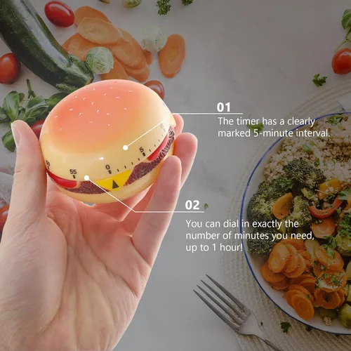 Miniatura 5 de Cabilock Temporizador mecánico de cocina, en forma de hamburguesa de 60 minutos, recordatorio de huevo giratorio de viento de cuenta regresiva