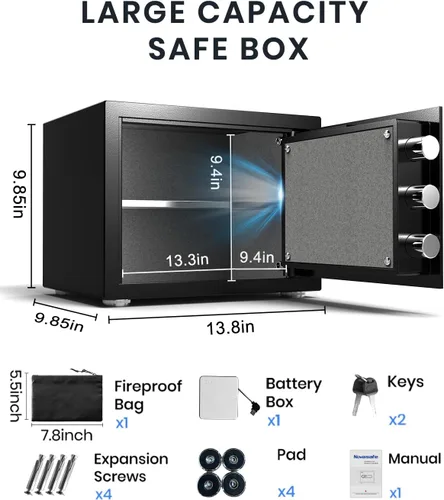 Miniatura 5 de Caja de seguridad, cajas de seguridad para el hogar con llave y bolsa ignífuga e impermeable, caja de seguridad pequeña de 0.8 pies cúbicos