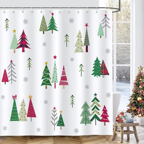 Bonhause Cortina de ducha de árbol de Navidad, árbol de Navidad verde y rojo con copos de nieve, decoración de baño de vacaciones de invierno, 72 x