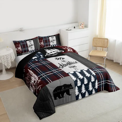 Miniatura 239 de Juego de edredón de oso y ciervo, tamaño individual, ropa de cama de animales salvajes de caza, colcha rústica de cabaña, casa de campo, cuadros