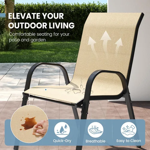 Miniatura 4 de Juego de 4 sillas de comedor para patio, sillas de comedor apilables, respaldo alto, tela de asiento transpirable y marco de acero de aleación