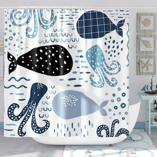 Juego de cortinas de ducha de ballena azul, divertidas cortinas de ducha de dibujos animados de océano para baño, decoración de baño para niños,