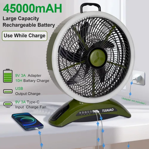 Miniatura 2 de Ventilador de campamento con batería de 45000 mAh con LED, aspas grandes de 12 pulgadas, ventilador portátil recargable de alta velocidad, Verde
