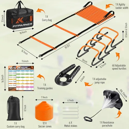 Miniatura 2 de Agility Ladder, Soccer Football Training Equipment Set - 20ft Speed Ladder, 4 Hurdles,Parachute, 12 Cones & Jump Rope Agility & Speed Training for