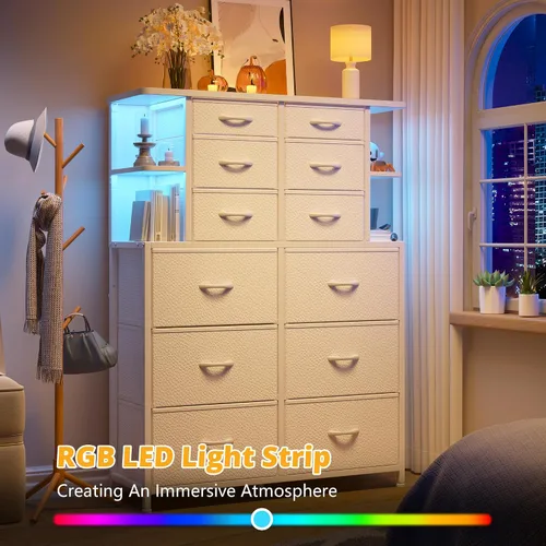 Miniatura 4 de EnHomee Cómoda blanca para dormitorio con luces LED y 12 cajones con 4 estantes abiertos, cómoda de tela y cómoda, marco de metal, 45.2 pulgadas