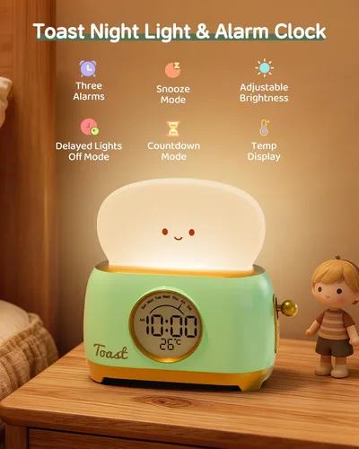 Miniatura 2 de Reloj Despertador para Niños, Lindo Reloj Despertador con Luz Nocturna de Tostada para Dormitorios, Reloj de Escritorio LED Pequeño Recargable