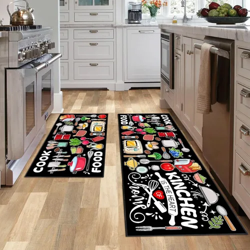 Miniatura 4 de Farmhouse Kitchen Rules Alfombra Juego de 2 Piezas, Decoración Rústica Negra Alfombras de Cocina, Tapetes de Piso Antideslizantes Absorbentes