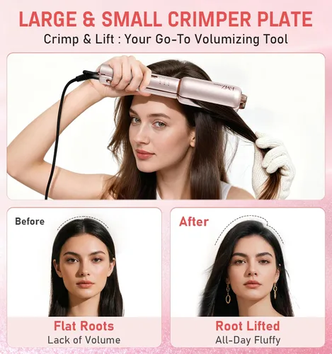 Miniatura 4 de FMZ Plancha plana rosa para mujer, 4 en 1, plancha profesional iónica para alisar, rizar, rizar, doble voltaje, apagado automático, pequeño portátil
