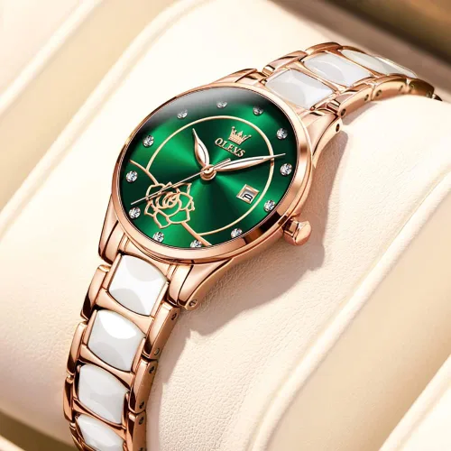 Miniatura 7 de OLEVS Reloj de pulsera para mujer oro rosa elegante de cerámica para mujer de cuarzo acero inoxidable impermeable luminoso