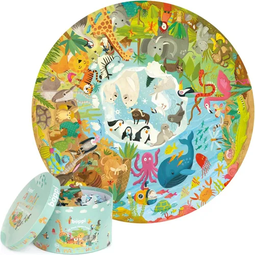 boppi Round 150 Piece Jigsaw for Kids Aged 5-8 | Educational Animals Around the World Puzzle with Continents & Animal Habitats | Eco-Friendly