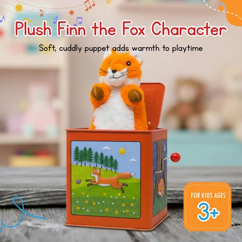 Miniatura 5 de Jack Rabbit Creations Finn The Fox Jack in The Box - Juguete de peluche, zorro de peluche, manivela lateral juega Pop Goes The Weasel, emergente