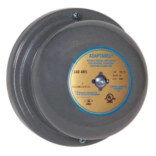 Campana vibratoria, continua, 120 V CA, 88 dB, acero, montaje en superficie, 4.5 pulgadas de diámetro, interior/exterior - 1 unidad