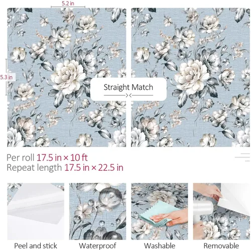 Miniatura 7 de ReWallpaper Papel tapiz azul para despegar y pegar, papel tapiz vintage azul y blanco, papel de pared adhesivo extraíble con flores, papel