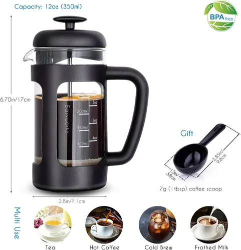 Miniatura 2 de Easyworkz French Press - Cafetera de 12 onzas con vidrio de borosilicato, mango de agarre suave