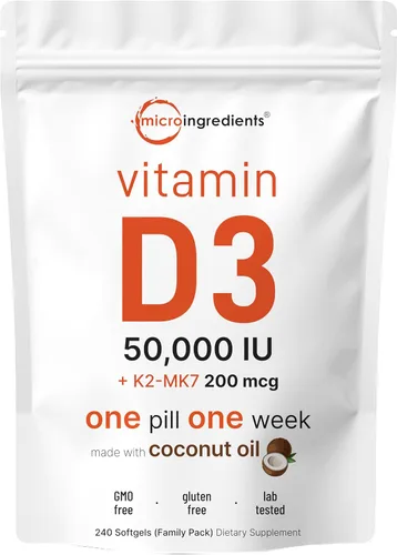 Micro Ingredients Vitamina D3 50,000 UI + K2 MK-7 200 mcg, 240 cápsulas blandas | Aceite de coco virgen | Apoyo óseo, inmune y del corazón 2 en 1 |