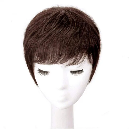 Miniatura 3 de Toppers de cabello humano con clip y flequillo, extensiones de cabello para mujeres con cabello delgado, 5.9 x 6.3 pulgadas, lacio, color marrón