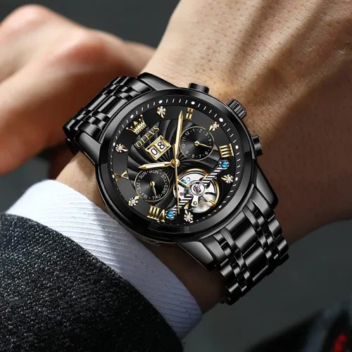 Miniatura 3 de OLEVS Relojes automáticos para hombres, reloj de pulsera mecánico de esqueleto de lujo dorado con cuerda automática, diamante luminoso, impermeable