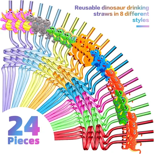Patelai 24 pajitas de dinosaurio reutilizables con diseño de dinosaurio, divertidas y locas para niños, decoración de fiesta de cumpleaños, 8 estilos