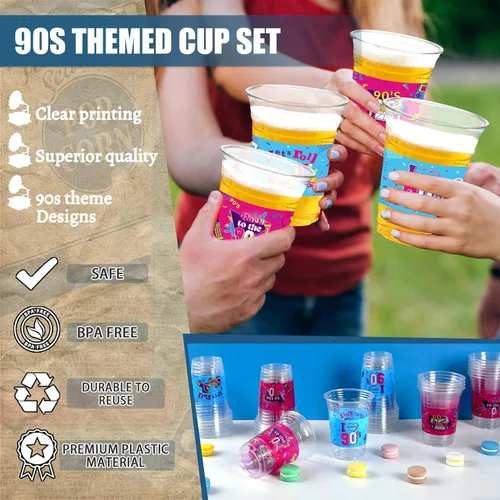 Miniatura 3 de Vasos de decoración de fiestas temáticas de los años 90, 50 vasos de plástico desechables de 16 onzas para música retro, hip hop, baile de regreso a