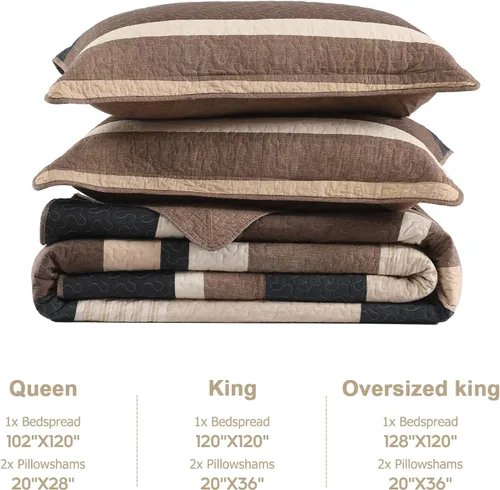 Miniatura 6 de Finlonte Colcha tamaño Queen, 100% algodón, cubrecamas de gran tamaño, tamaño Queen, color marrón carbón, beige, acolchado, a rayas, estilo granja