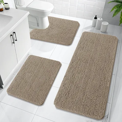 Miniatura 24 de OLANLY Juego de Alfombras de Baño de 3 Piezas, Tapetes de Baño de Chenilla Suave y Absorbente y Alfombra de Contorno en Forma de U para Inodoro