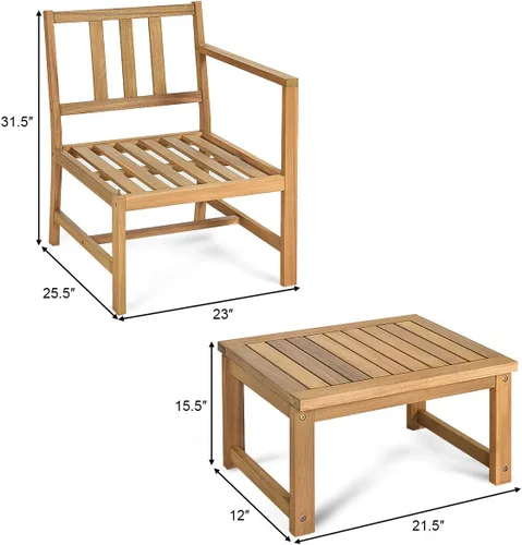 Miniatura 4 de Tangkula Sofá biplaza de madera de acacia 3 en 1 con mesa auxiliar separable, juego de sillas de madera de 3 piezas con cojines, juego de muebles