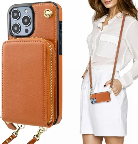 KIHUWEY Funda tipo cartera cruzada para iPhone 14 Pro Max, funda con bolsillo con cremallera y soporte para tarjetas, funda protectora de piel Marrón