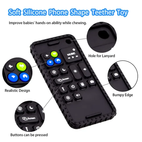 Miniatura 5 de Mordedores de silicona suave para teléfono celular para bebés, juguetes de dentición de 0 a 12 meses, mordedor infantil para lactancia materna Negro