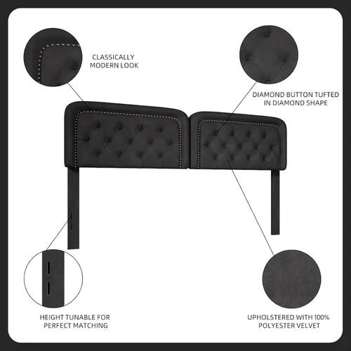 Miniatura 5 de Cabecero tapizado y capitonado tamaño Queen, con botones, altura ajustable, solo tablero de cabecera Queen, madera maciza resistente y duradera, Gris