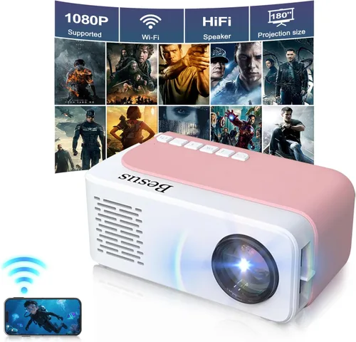 Miniatura 2 de Mini proyector, proyector de video WiFi HD 1080P, proyector portátil para exteriores con trípode, regalo para niños, cine en casa, proyector de Rosa