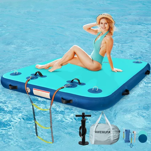 Miniatura 20 de AWEMUFA Muelle flotante inflable con rampa de 5 pies/6 pies/8 pies/10 pies, plataforma flotante flotante, tapete flotante de isla flotante, flotador