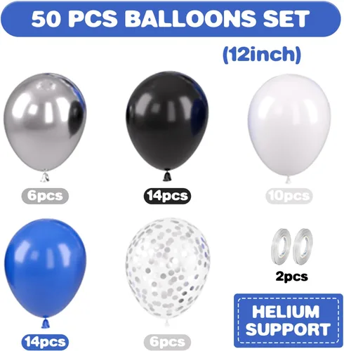 Miniatura 2 de Globos azules y negros, globos de graduación de 12 pulgadas, globo de látex de confeti azul oscuro, negro, blanco, plateado metálico, para niños