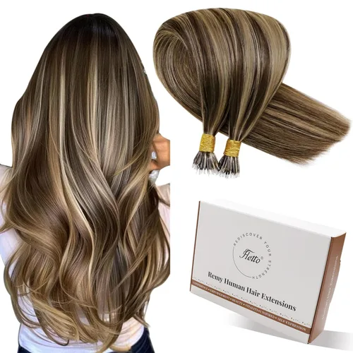 Miniatura 35 de Hetto Extensiones de cabello humano con nano cuentas, balayage, extensiones de cabello humano, color negro degradado a plateado, extensiones