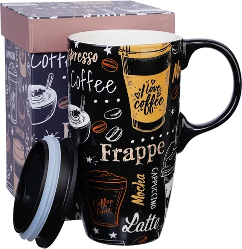 Miniatura 11 de Topadorn Taza de café de cerámica, taza de viaje de porcelana con tapa y asa, taza de café grande para hombres y mujeres, trabajo de oficina, Pájaro