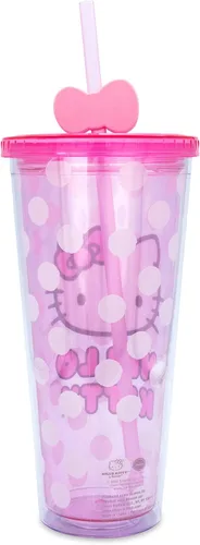 Miniatura 3 de Silver Buffalo Sanrio Hello Kitty Bow Pink Polka Dots - Vaso frío de plástico con tapa y tapa con pajita, 24 onzas Lazo Hello Kitty y lunares rosados