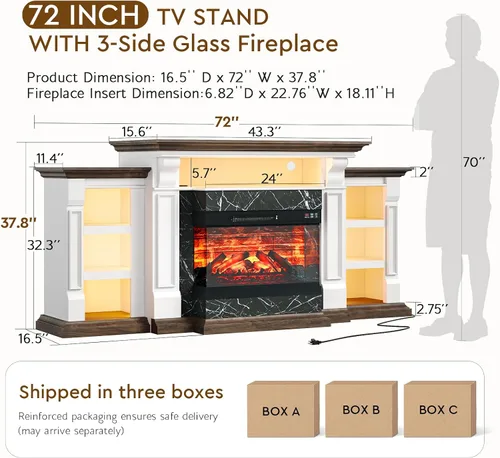 Miniatura 9 de LGHM Soporte de TV con Chimenea Eléctrica LED con Tomacorriente, Repisa de Chimenea de 72'' para TVs de hasta 80'', Centro de Entretenimiento Blanco