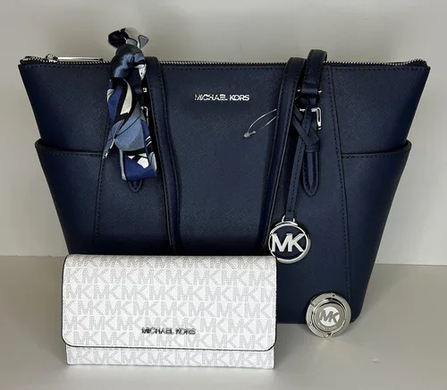 Miniatura 2 de Michael Kors Charlotte Bolso grande con cremallera y gancho triple a juego azul marinoSignature MK blanco brillante NavySignature Mk Bright White