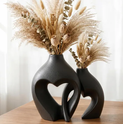 Jarrones de cerámica negra para decoración del hogar, juego de 2 jarrones nórdicos en forma de corazón, jarrón decorativo minimalista para centro de