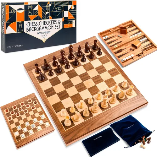 Miniatura 9 de Pointworks Juegos de backgammon de 17 pulgadas para adultos. Hermoso juego de mesa de backgammon con incrustaciones de madera con damas y dados